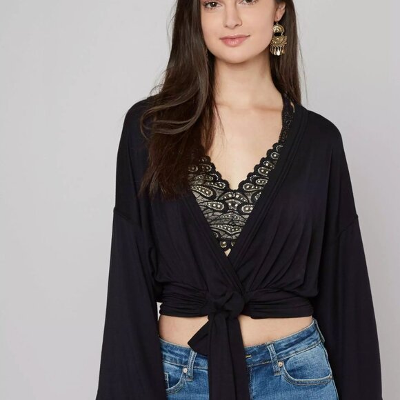 Free People Thats a Wrap Top Bell Sleeve Crop Top Bell Sleeve Knit Shirt Black - Picture 3 of 12
